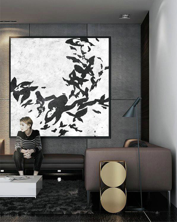 Large Abstract Painting,Oversized Minimal Black And White Painting - Abstract Painting For Home